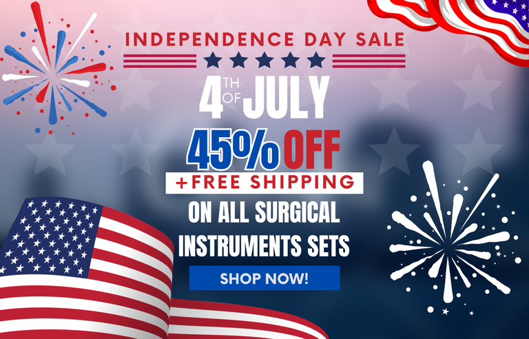 4th July Independence Day Sale Promo 45 Percent Off on all Surgical Instruments Sets.