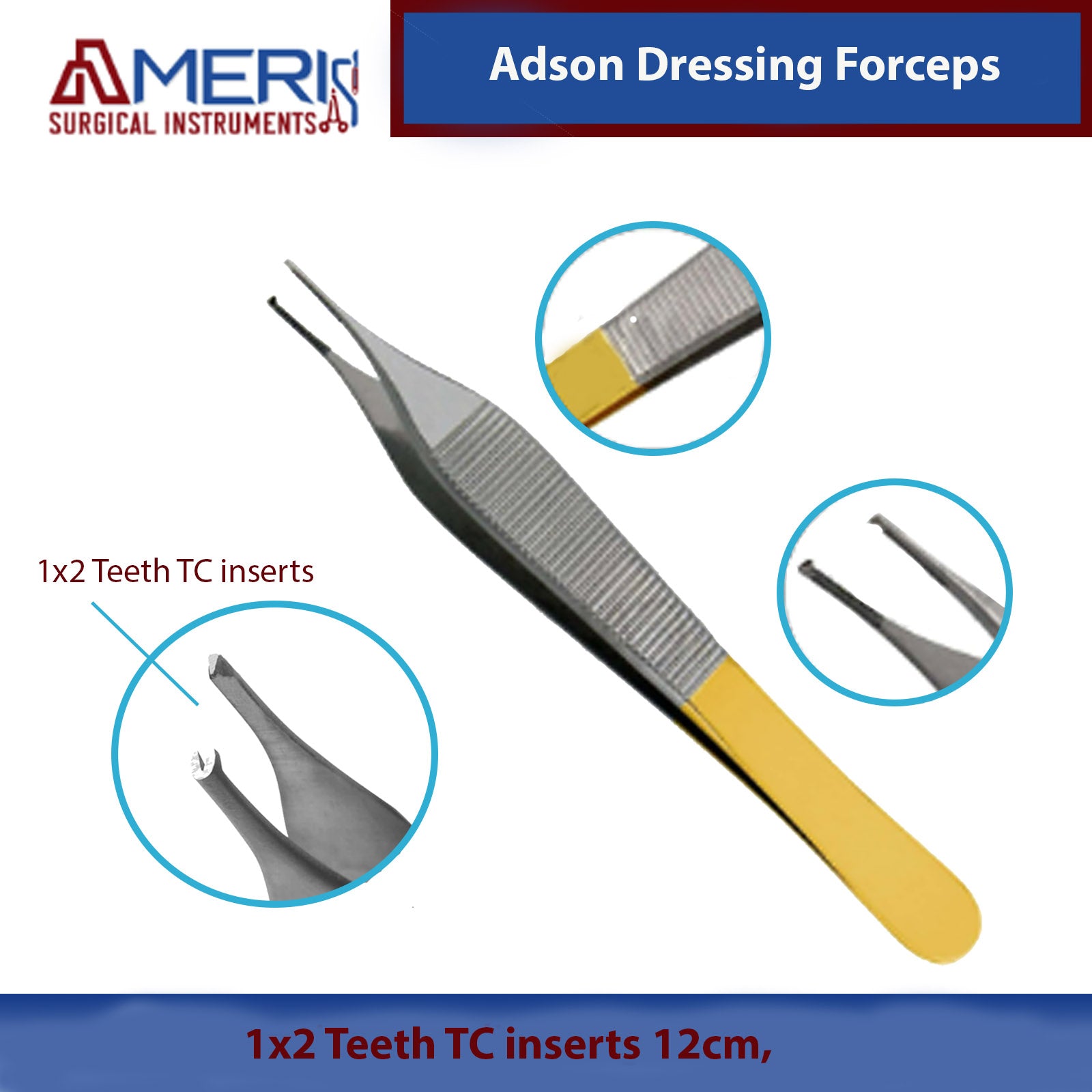 Adson dressing forceps with yellow handle and teeth inserts, branded as Ameri Surgical Instruments.