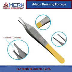 Adson dressing forceps with yellow handle and teeth inserts, branded as Ameri Surgical Instruments.